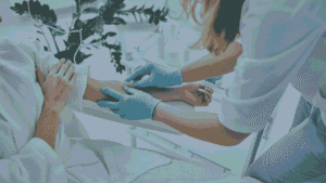 Healthcare professional providing mobile IV therapy to a patient at home