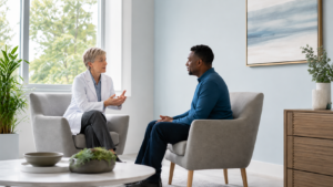 Mental health provider discussing therapy and psychiatric medication management with an adult patient.