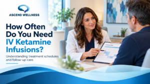 Healthcare provider discussing IV ketamine infusion frequency and depression treatment planning with a patient.
