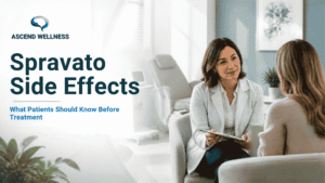 Healthcare professional discussing Spravato side effects and treatment safety with an adult patient.