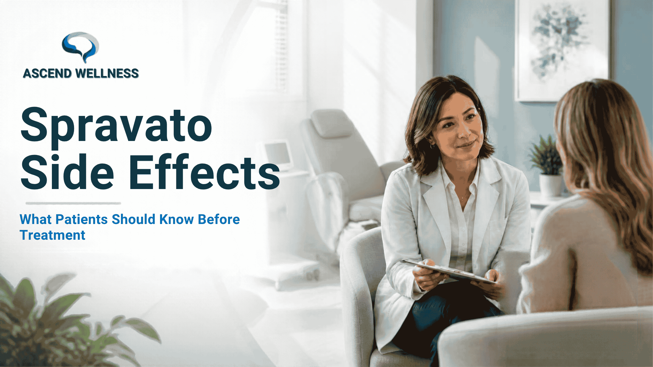 Healthcare professional discussing Spravato side effects and treatment safety with an adult patient.